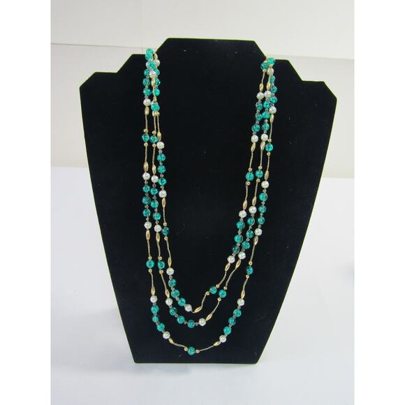 Green Gold Tone Faux Pearl Long Chain Bead Necklace 63" VTG Cottagecore Dainty - Picture 1 of 6